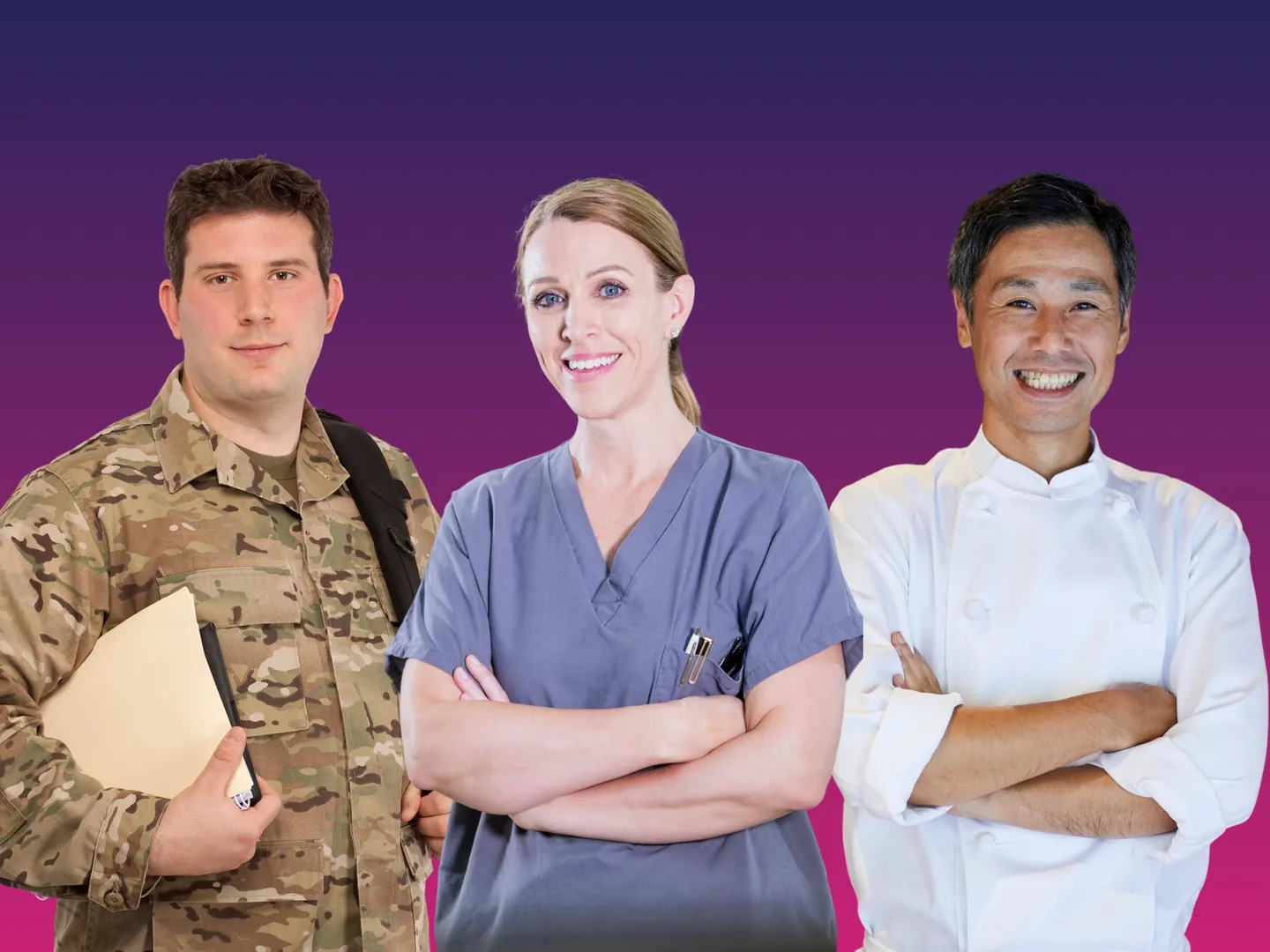 Three people in different jobs: a soldier, a nurse and a chef